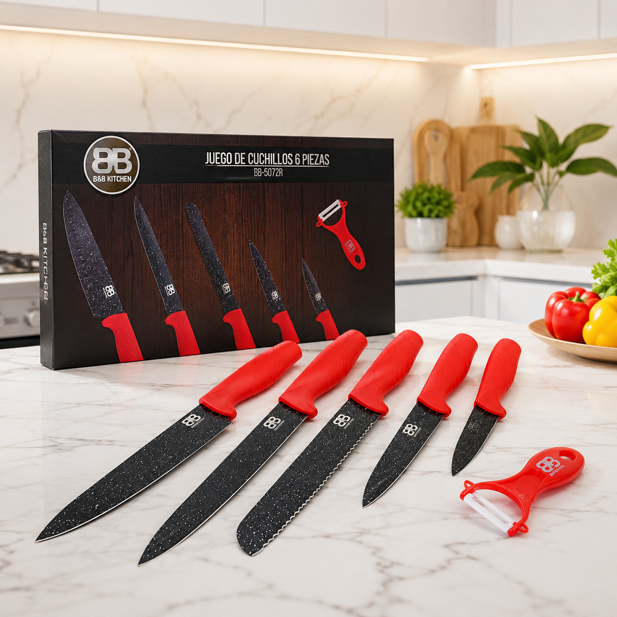 ChatGPT Image 8 may 2026, 04_17_19 p.m. Set de Cuchillos 6 Piezas con Pelador B&B Kitchen – BB-5072R - Imagen 1