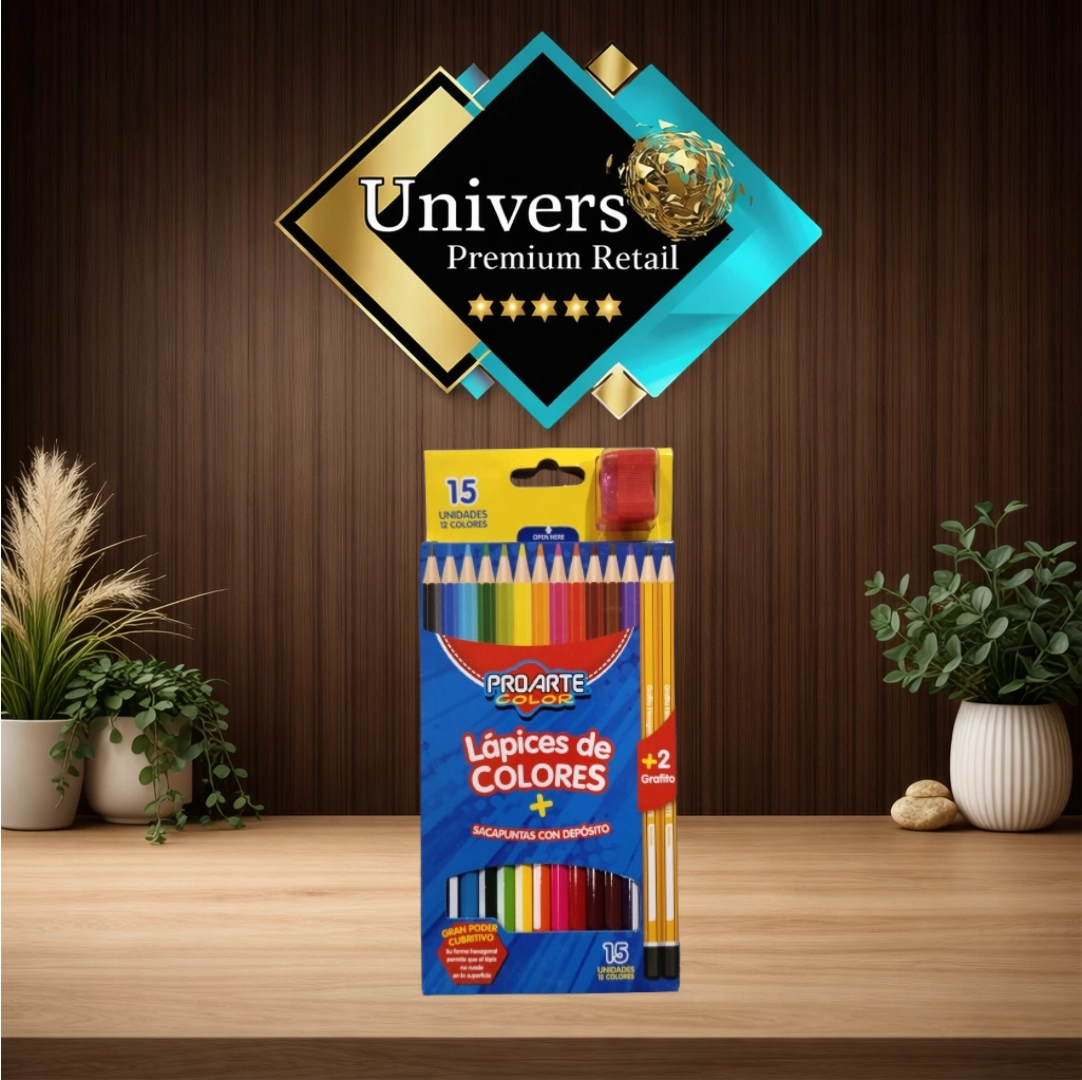 Lapices_colores_mas_sacapuntas_grafitos_1 Lápices de Colores Proarte Color 15 Unidades (12 Colores) + 2 Grafitos + Sacapuntas con Depósito - Imagen 1